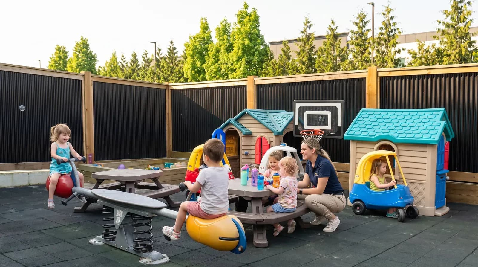 Children and an educator in the outdoor playground at Playbox Childcare in Cloverdale, Surrey