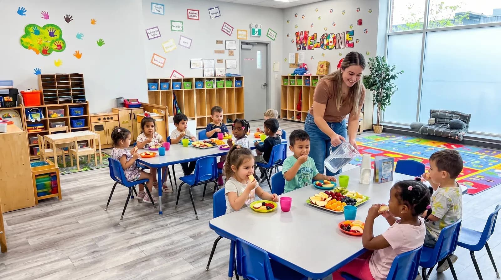 Children ages 3 to 5 sharing a healthy snack together at a table at Playbox Childcare Centre.